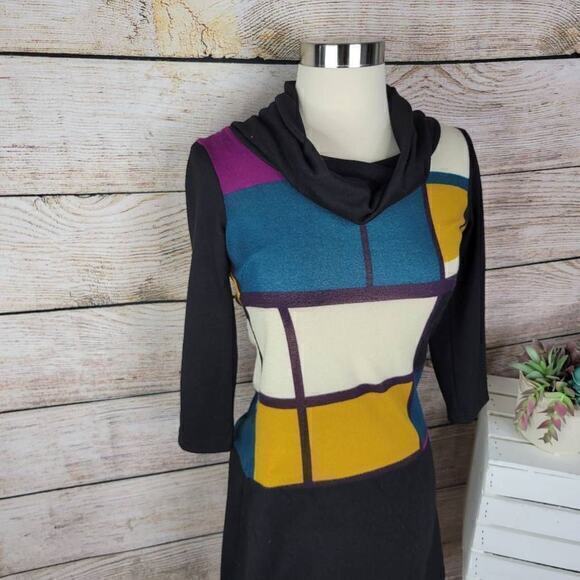 Papillon Women's Abstract Cowlneck 3/4 Sleeves Shift Dress Size Extra Small - Picture 3 of 6
